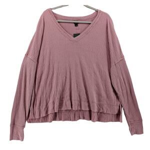 Wild Fable Oversize Sweater L Pink Ribbed Knit Hi Low Boxy Side Slit‎ V Neck Top